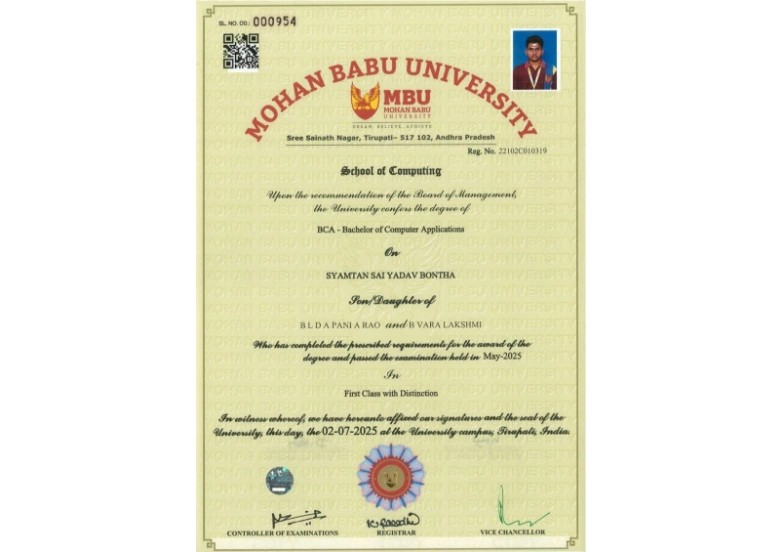 Mohan Babu University Sample Degree